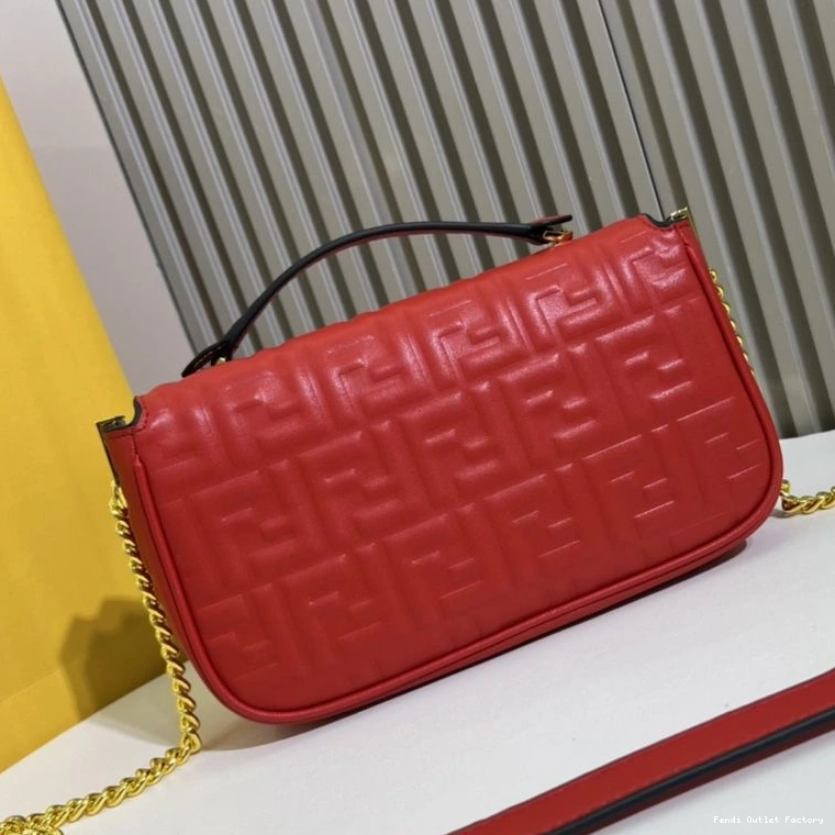 Vintage HOT Leather In Baguette FF Fendi Midi Motif Red Nappa Bag Chain 0710